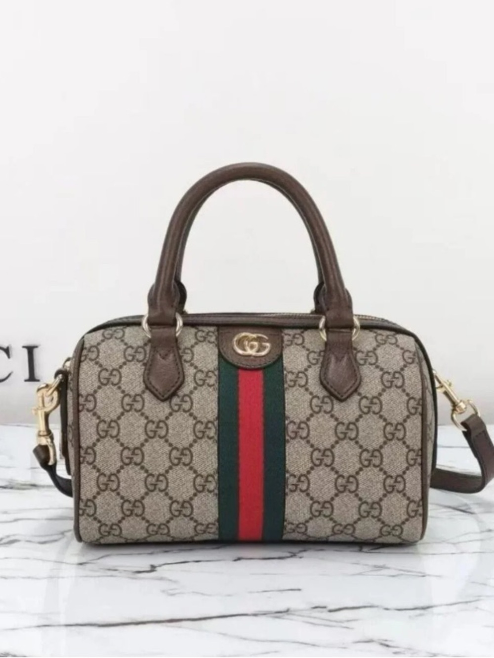 Gucci Brown GG Supreme Satchel with Signature Web Stripe